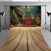 Aperturee - Aperturee Elegant Christmas Grand Staircase Sweep Backdrop Red and Gold Garland Holiday Ballroom Photo Studio Floor Drop